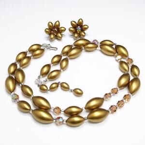 Vintage Gold Pearled & Crystal Beaded Necklace, Matching Clip Earrings, 1950
